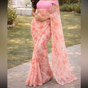 Brand new Floral Pink Bollywood chiffon saree